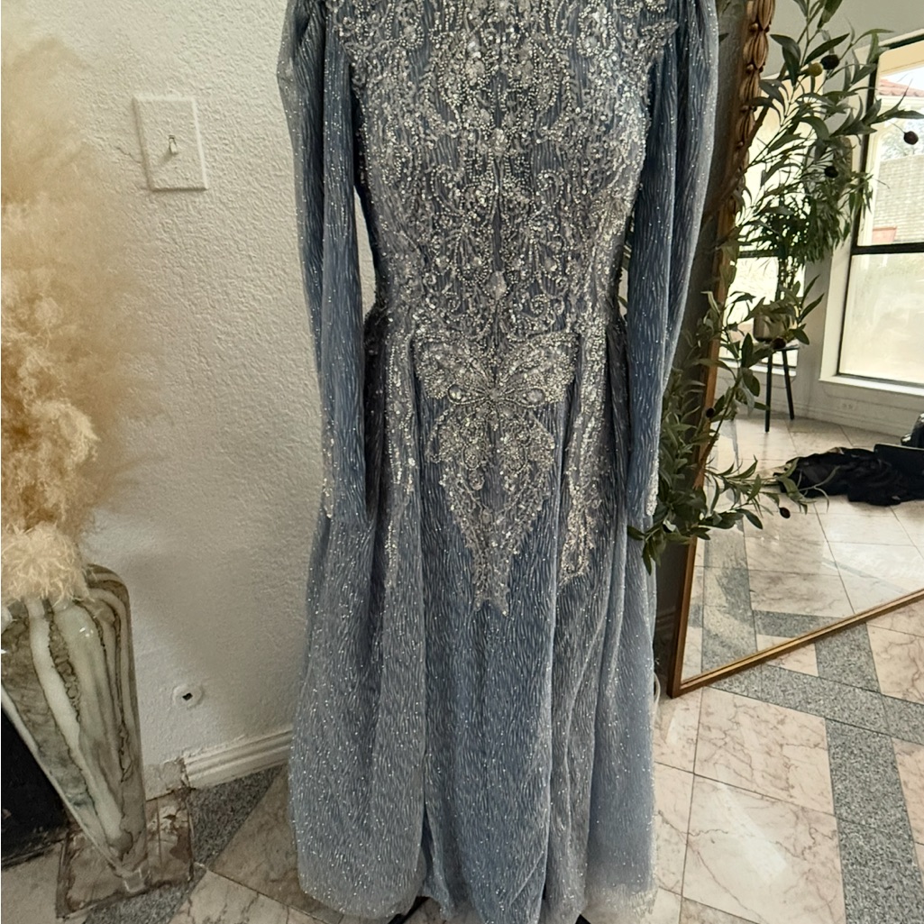 Beaded Silver-Blue Long Sleeve Evening Dress